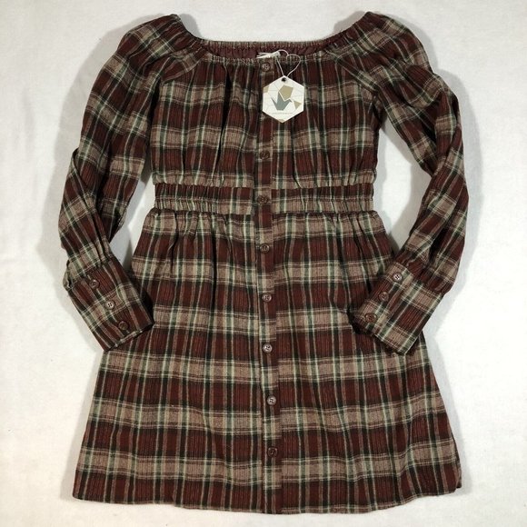 NEW Paper Crane Womens Small Plaid Squared Neck Button Dress Fall NWT $54 - Picture 1 of 12